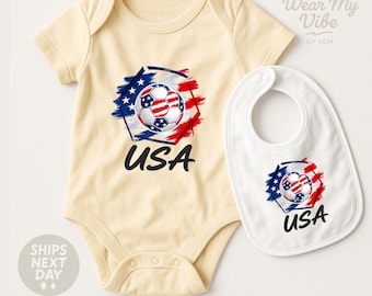 USA Soccer Baby Onesie and Bib Set – Team American Football Outfit – World Cup Baby