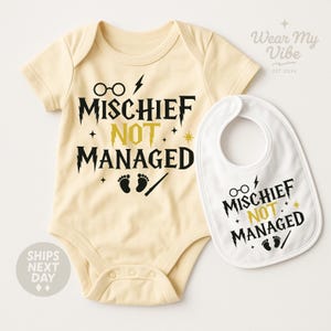 Mischief Not Managed Baby Onesie® & Bib Set Wizard Baby Outfit Funny Gender Neutral Bodysuit Unique Baby Shower Gift