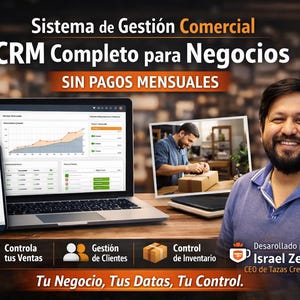 Könnte beinhalten: Werbebild für ein CRM-System. Ein Laptop und ein Smartphone zeigen die Software-Oberfläche. Der Text lautet "CRM Komplett für Unternehmen" und "Ohne monatliche Zahlungen". Ein Mann lächelt im Vordergrund. Der Text "Verwalten Sie Ihre Verkäufe", "Kundenverwaltung" und "Bestandskontrolle" ist ebenfalls enthalten.