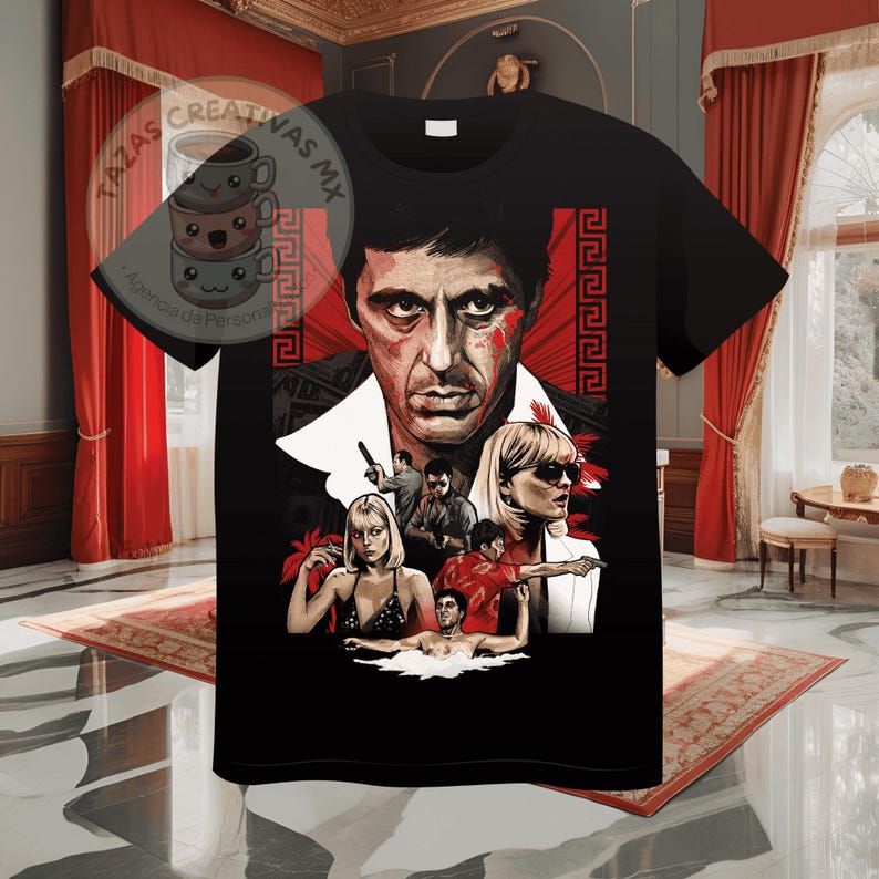 Pode incluir: Camiseta preta com uma estampa gr&aacute;fica de um homem com um design vermelho e branco. O gr&aacute;fico apresenta um homem com um design vermelho e branco, uma mulher de &oacute;culos de sol e outras pessoas no fundo.