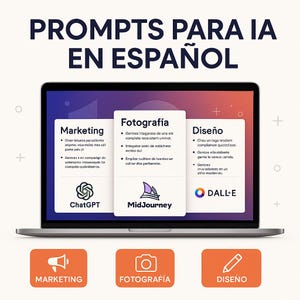 May include: A laptop screen shows the text "PROMPTS PARA IA EN ESPAÑOL" above three sections: Marketing, Fotografía, and Diseño. Each section has bullet points. Below the screen are three orange icons with the words MARKETING, FOTOGRAFÍA, and DISEÑO.
