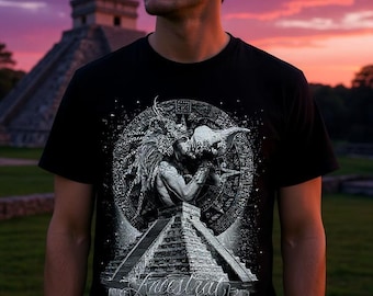 Camisetas pretas DTF com arte pré-hispânica e símbolos astecas, com mexicanos, axolotes, jaguar, cultura maia e calendário asteca-maia.