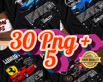 35 designs em PNG de carros e motos modernos, gráficos DTF, arte de corrida para sublimação, modelos de roupas streetwear para motociclistas, camisetas.
