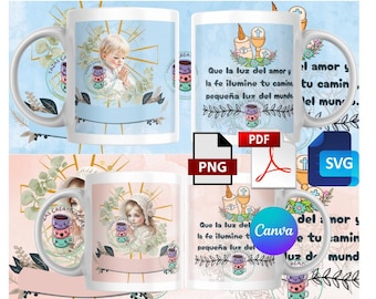 May include: White ceramic mug featuring a child in prayer, with a light blue background and floral accents. The mug has text in Spanish, and a stack of cartoon cups. Includes PNG, PDF, and SVG file icons.