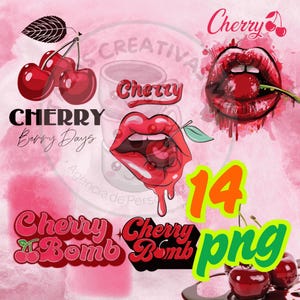Puede incluir: Un diseño gráfico rosa con ilustraciones de cerezas y texto. El diseño incluye las palabras "Cherry", "Berry Days" y "Cherry Bomb". También hay imágenes de labios con cerezas y el número "14" en naranja.