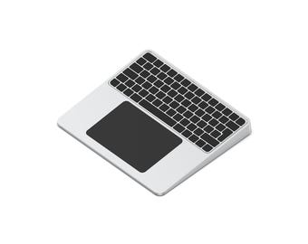 Puede incluir: Vista isométrica de un portátil plateado con teclado negro y panel táctil negro. El teclado tiene una cuadrícula de teclas negras. El panel táctil es rectangular. El portátil está sobre un fondo blanco.