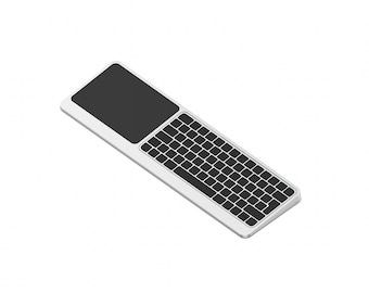Puede incluir: Un teclado inalámbrico blanco y negro con un diseño rectangular. El teclado tiene un panel táctil negro en la parte superior y una cuadrícula de teclas negras debajo. El dispositivo está ligeramente inclinado, mostrando su diseño elegante y moderno.