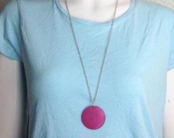 Pink Disc Statement Fashion Necklace on Long Chain