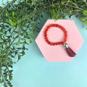 Red Glass Bead Stretch Fashion Bracelet with Tassel