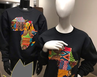 African Fabric Map Black Sweatshirt: Ankara Wax Print, Black, Unisex
