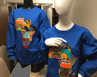 Royal Blue Sweatshirt: African Fabric Map, Ankara Wax Print