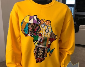 African Map Sweatshirt: Ankara Print Fabric Unisex Sweater, Gold