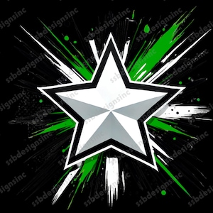 May include: A white five-pointed star with a black outline, set against a black background with green and white paint splatters radiating outward.