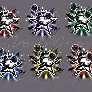 Può includere: Silhouette di una cheerleader in un design a forma di stella con una varietà di sfondi colorati. La cheerleader tiene in mano i pompon e si trova in una posa a mezz'aria.