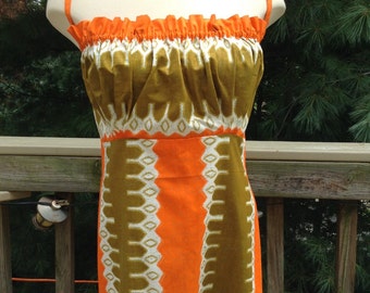 Vintage Geometric Hawaiian Print Dress Olive Orange