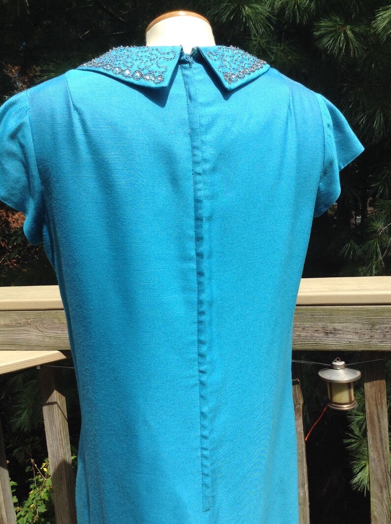 Vintage Aqua Blue Dress Beaded Collar Mad Men image 4