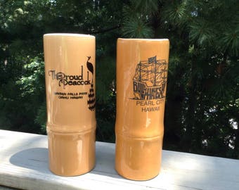 Hawaiian Souvenir Ceramic Tiki Tumblers Bamboo Set of Two