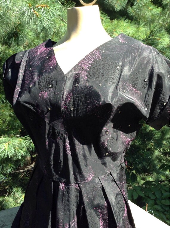 Vintage Black Satin Dress 50s Pink Abstract Flower