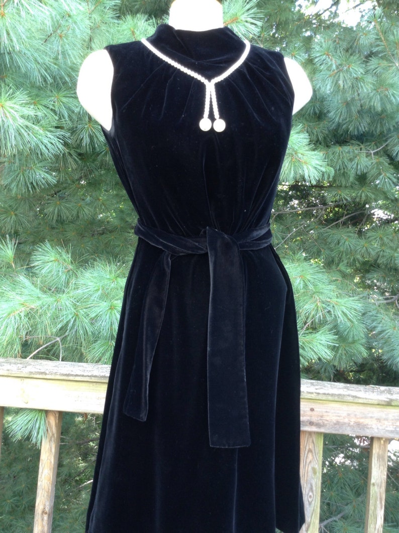 Vintage Black Velvet Dress Pearl Neck line image 1