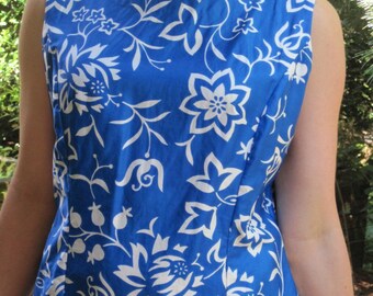 Vintage Blue Hawaiian Floral Print Dress