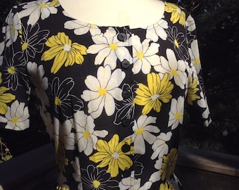 Vintage Black Yellow Floral Print Dress