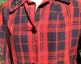 Vintage Red Plaid Swing Coat  Bowling Becky Sz Lg 44" bust