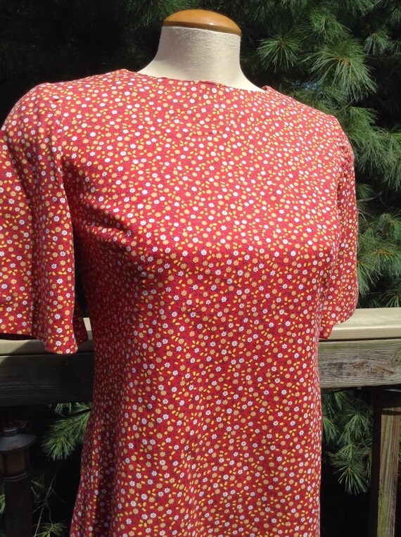 Vintage Red Cotton Print Dress Bell Sleeves - image 2