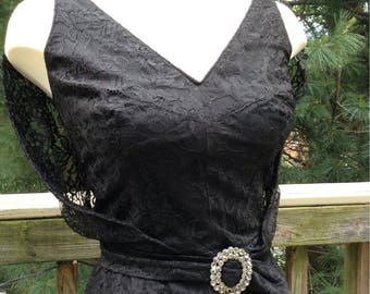 Vintage Black Lace Cocktail Dress LBD Wiggle Dress