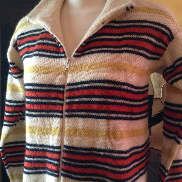 Vintage Norwegian Wool Sweater Red Striped Front Zip