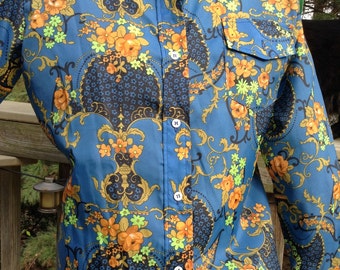 Vintage Blue Floral Nylon Blouse