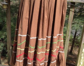 Vintage Brown Cotton Circle Skirt Square Dance Rockabilly Rick-Rack