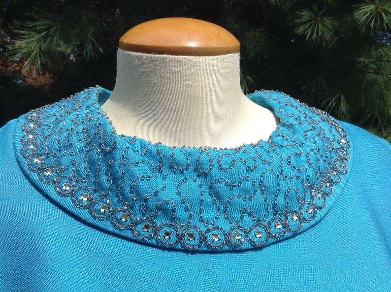 Vintage Aqua Blue Dress Beaded Collar Mad Men image 3