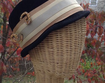 Vintage Black Velvet Hat Ribbon Rhinestone S Pin
