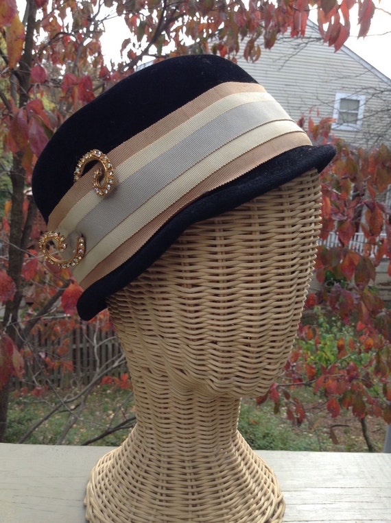 Vintage Black Velvet Hat Ribbon Rhinestone S Pin | Etsy