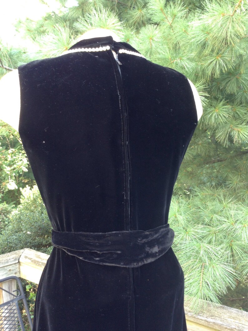 Vintage Black Velvet Dress Pearl Neck line image 3