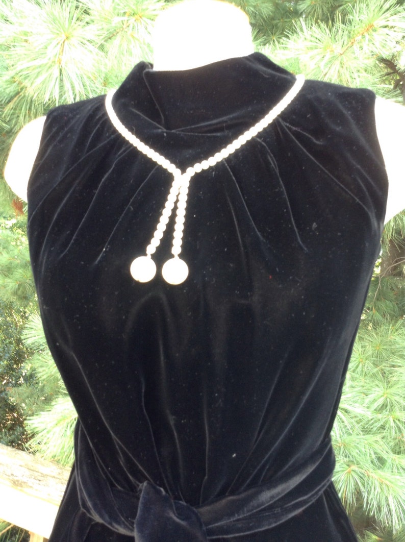 Vintage Black Velvet Dress Pearl Neck line image 2