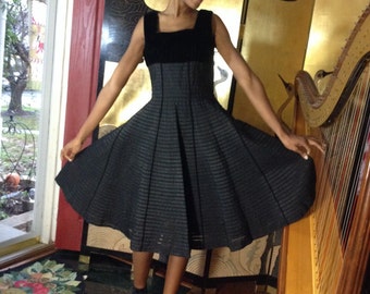 Vintage Black Dress Velvet Ribbon Band Flared Skirt