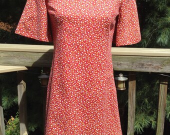 Vintage Red Cotton Print Dress Bell Sleeves