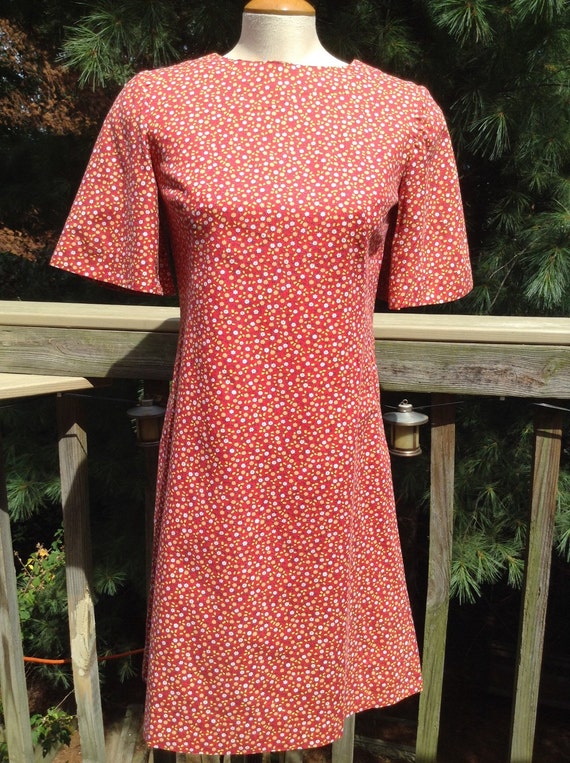 Vintage Red Cotton Print Dress Bell Sleeves - image 1