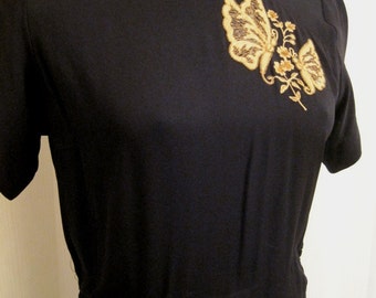 Gold Embroidered Black Rayon Dress