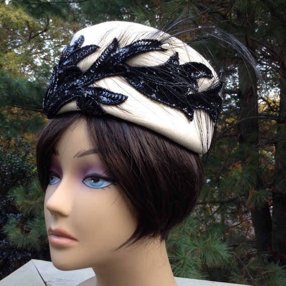 Vintage Wool Felt Pillbox Ivory Black Sequin Ostri