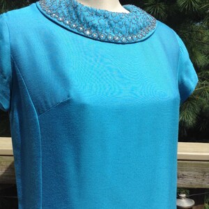 Vintage Aqua Blue Dress Beaded Collar Mad Men image 1