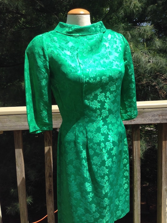 Vintage Green Brocade Dress Roses