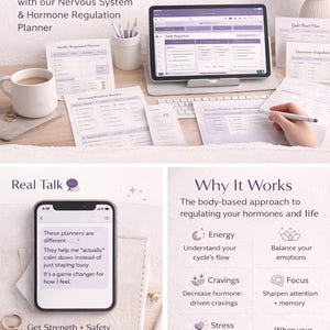May include: A digital tablet displaying a planner interface, surrounded by printed planner pages, a coffee mug, and a smartphone. The image promotes a "Nervous System & Hormone Regulation Planner" with text like "Transform Your Healing Journey."
