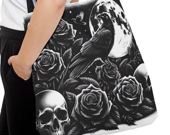 Rosas negras góticas con bolso tote de cuervo, bolso de calaveras y rosas negras, bolso académico oscuro, ropa gótica, bolso extraño, bolso caprichoso