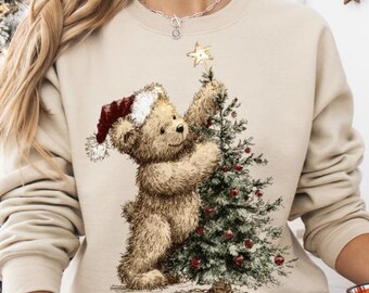 Sudadera con osito de peluche y árbol de Navidad, Sudadera navideña vintage, Camiseta con espíritu navideño de invierno, Camiseta navideña, Camiseta navideña bonita