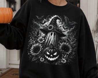Sudadera de fantasma de Halloween, camiseta de Halloween con estampado floral de calabaza, camiseta divertida de bruja, sudadera de fantasma con sombrero de bruja espeluznante, camiseta de temporada de brujas terroríficas