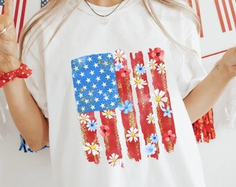 Flower Brushstroke America Flag 4th of July Patriotic shirt,American Girl Tee, American Flag 1776 Tee  Floral USA Flag Comfort Colors®