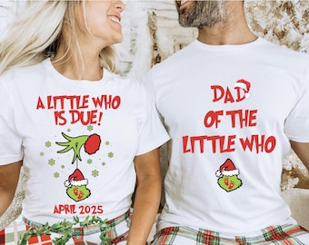Custom A little who is due Couples Grincmas Pregnancy Announcement shirt,Christmas Maternity shirt,Christmas Pregnancy shirt,Matching shirts