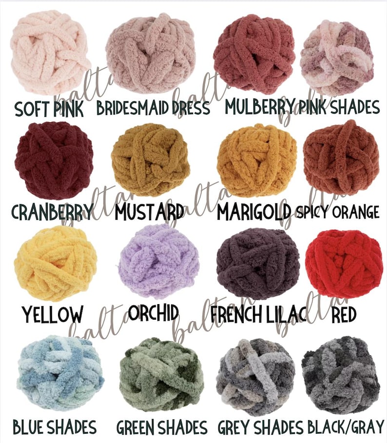 May include: A collection of colorful yarn balls in various shades, including pink, yellow, and blue. Each ball is labeled with its color name, such as "Soft Pink," "Mustard," and "Red." The yarn appears to be thick and chunky, suitable for various crafting projects.